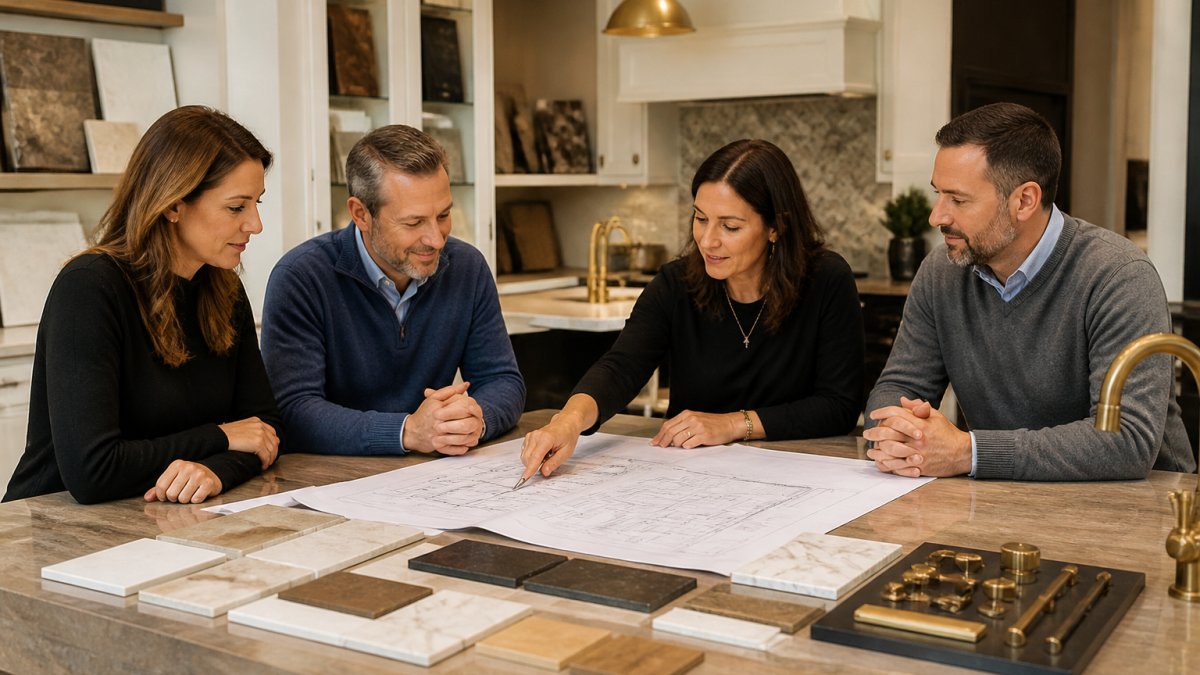 A designer and project manager reviewing kitchen blueprints and finish samples with homeowners at a large table in a bright showroom