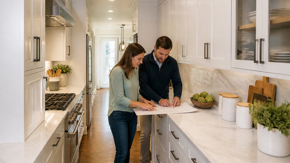 A bright galley kitchen in a compact home, with white custom cabinetry on both sides, a narrow walkway, and a designer and homeowner reviewing a floor plan on the counter