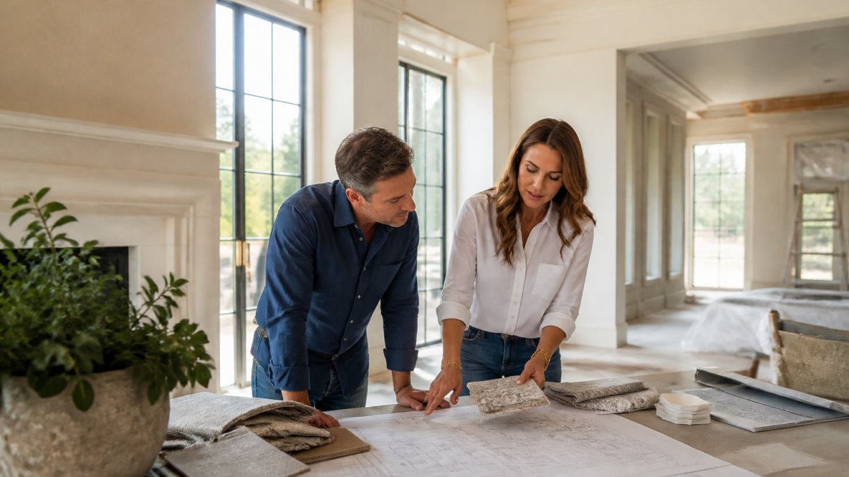 A luxury living room mid-renovation with a designer and homeowner reviewing blueprints and fabric swatches on a large table, natural light streaming through tall windows