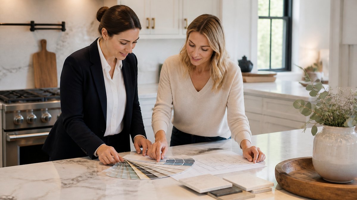 A homeowner and a design professional reviewing paint color swatches and a project plan on a kitchen counter in a bright, modern home