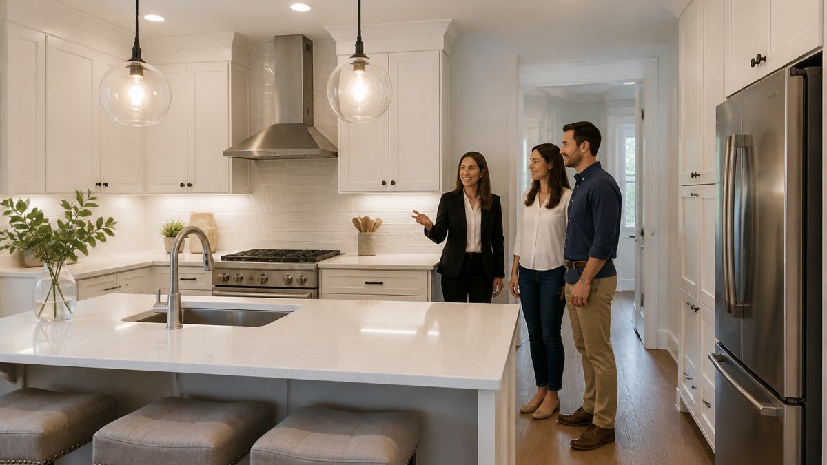 Real estate agent showing a modern kitchen with quartz countertops to a couple to boost kitchen resale value.