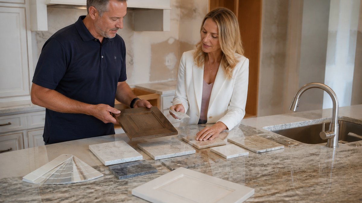 Designer and homeowner reviewing cabinet and stone samples as a Luxe Kitchen and Bath alternative for custom design.