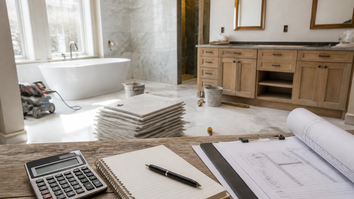 A luxurious bathroom under renovation with marble tiles, a freestanding tub, and a double vanity, showing construction materials and tools in a bright, upscale setting
