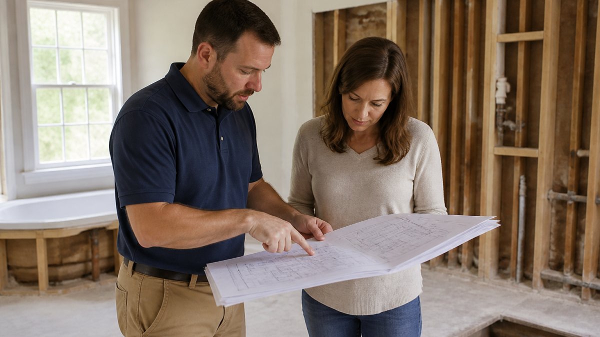 Contractor and homeowner reviewing construction plans and timeline documentation at a job site with partially demolished bathroom visible in background, natural daylight from window