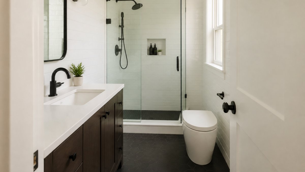 Modern galley small bathroom remodel layout featuring white subway tiles, a compact vanity, and a corner glass shower.